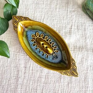 Vintage 1960s Ashtray Olive Green Blue Drip Glaze MCM Calif Pottery USA E9-11
